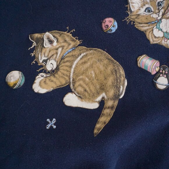 VTG Morning Sun Vintage Cat Sweatshirt Navy Blue Pink Collar 90s Grandma Cozy L - Picture 8 of 10